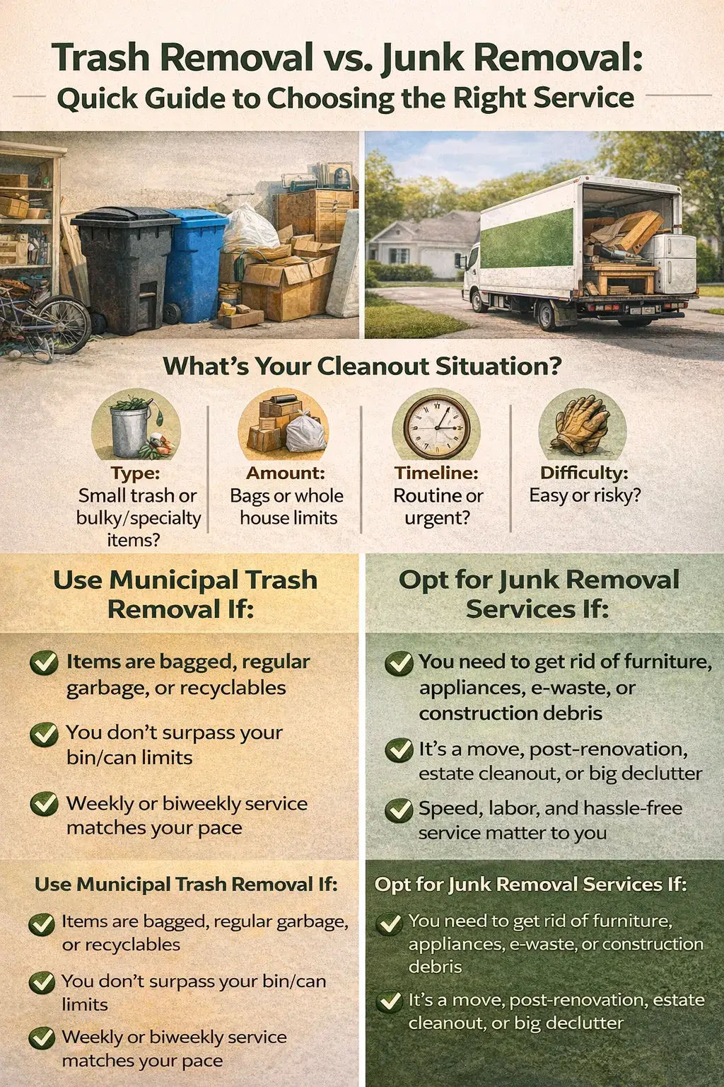 Infographic comparing trash removal and junk removal services. On the left, municipal trash removal for regular household waste, and on the right, junk removal for bulky items, e-waste, and specialized debris, with checklists to help users decide which service fits their cleanout needs.