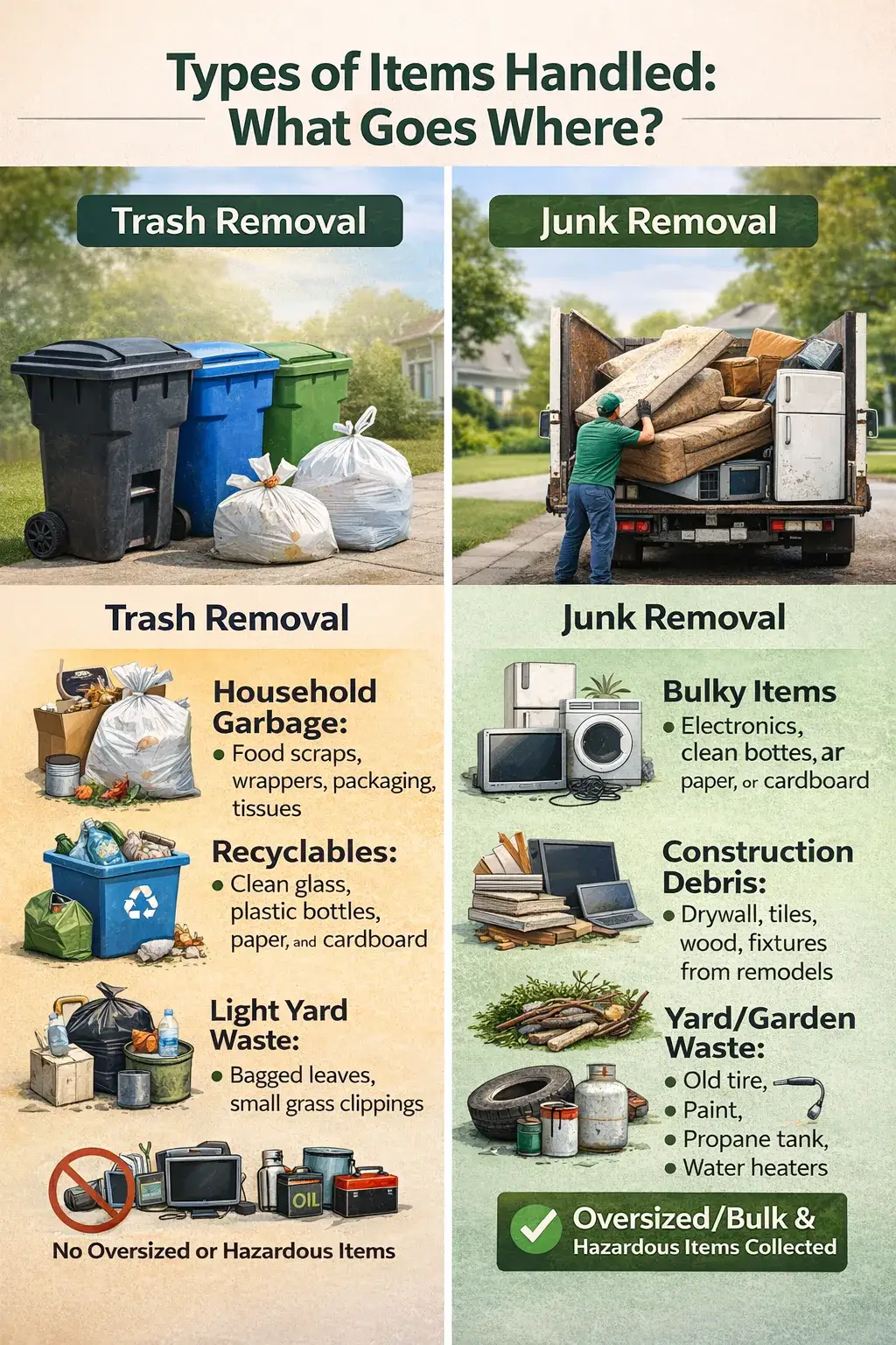 Infographic comparing trash removal and junk removal in the Bay Area, showcasing items suited for trash bins and those requiring junk removal, such as bulky furniture and electronics.